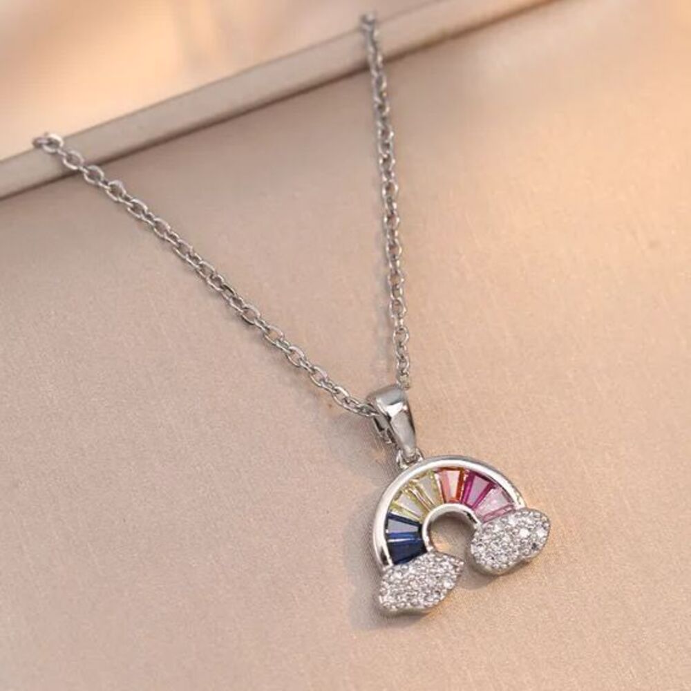 Sweet Zircon Inlaid Rainbow Pendant on‎ Titanium Steel Chain